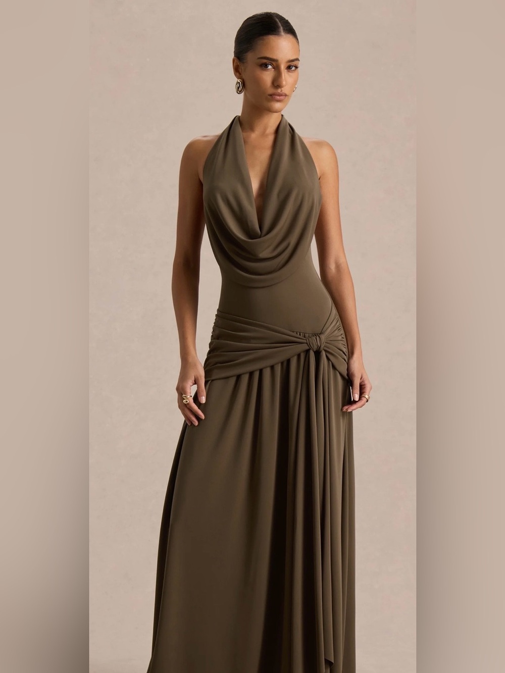 Club L London Draped Halter Maxi Dress in Olive